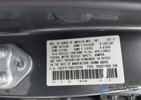 2011 Honda Accord 2.4 Ex from USA, damaged, VIN 1HGCP2F74BA136266
